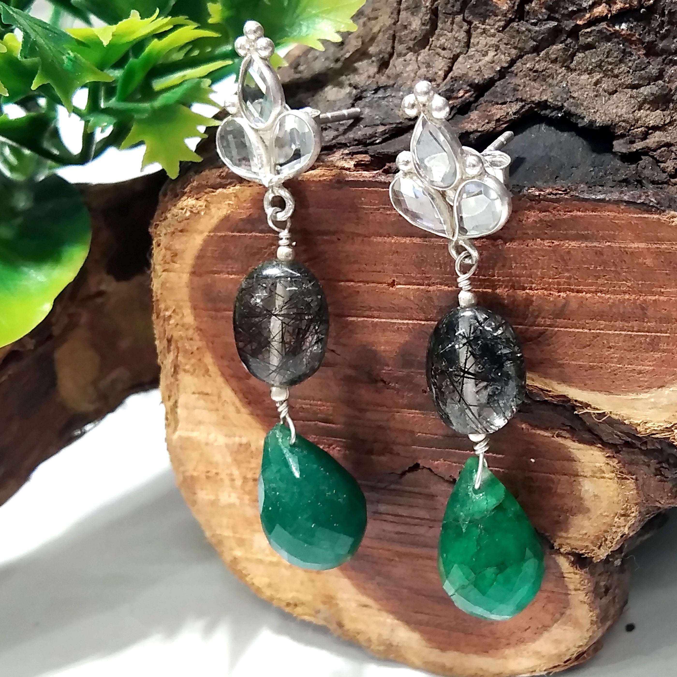 Beautiful Rutile Quartz/Zircon And Green Jade Gemstone Earrings ! 925 Silver With Natural Gemstone Zircon Faceted & Rutile Quartz Earrings